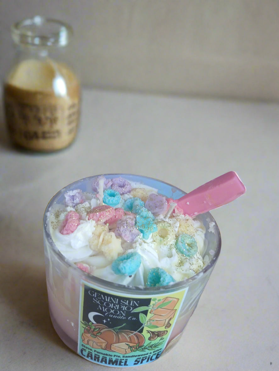 Cereal dessert candle scented in caramel spice or Froot loops