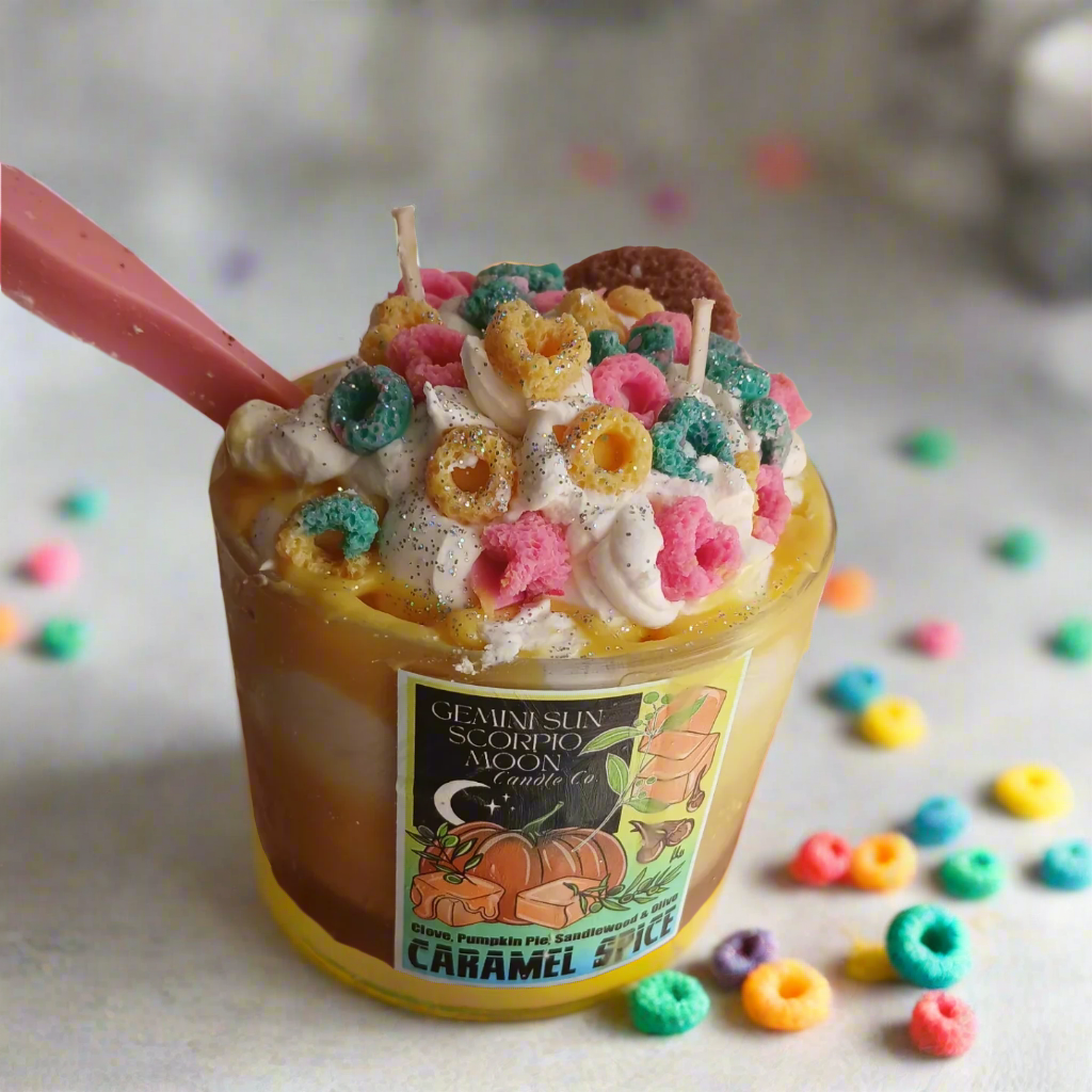 Cereal dessert candle scented in caramel spice or Froot loops