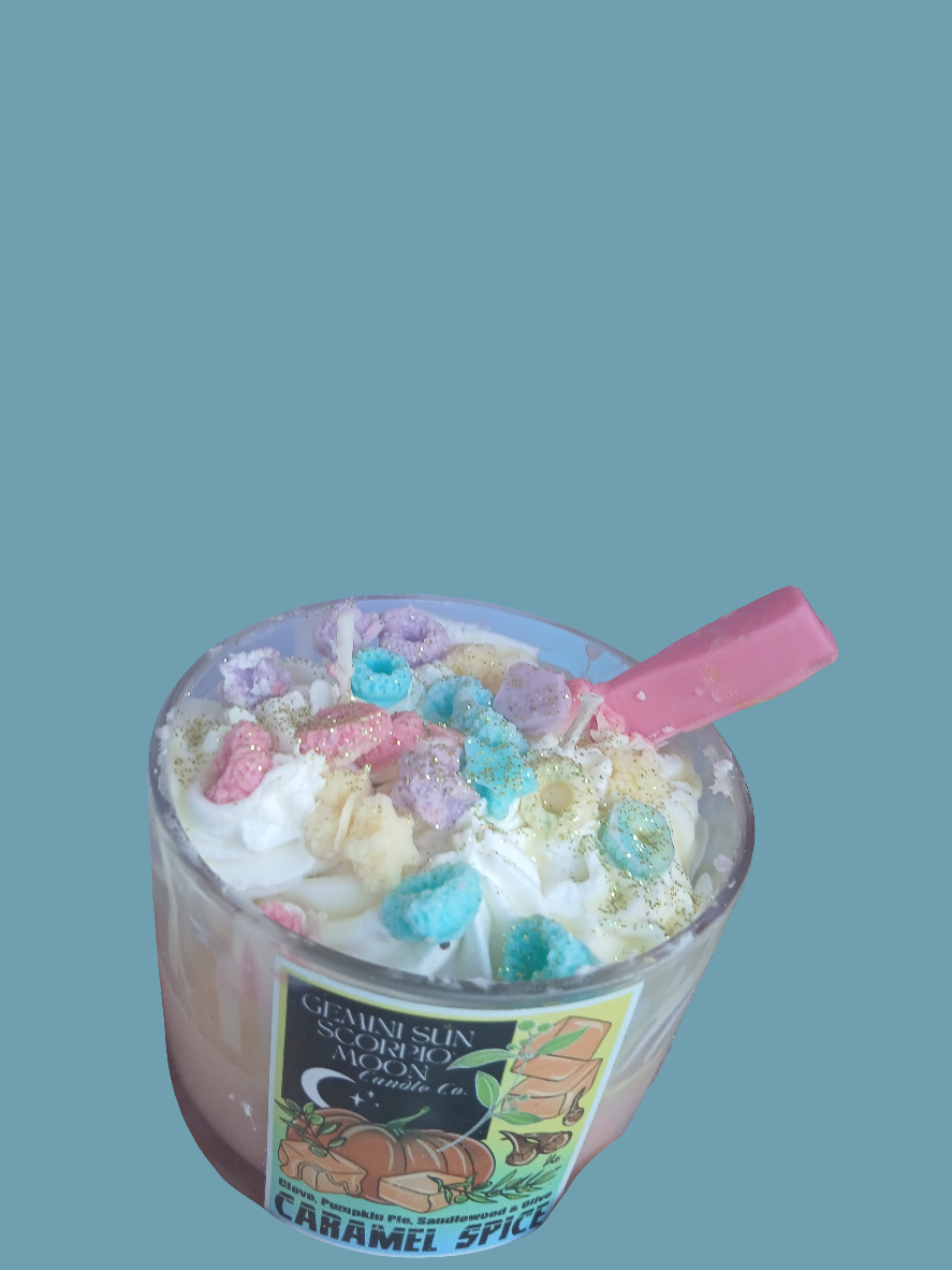 Cereal dessert candle scented in caramel spice or Froot loops