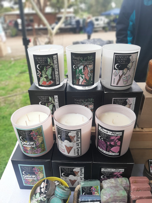 Coffee, spell and dessert candles with orchid soy wax and artist designed labels